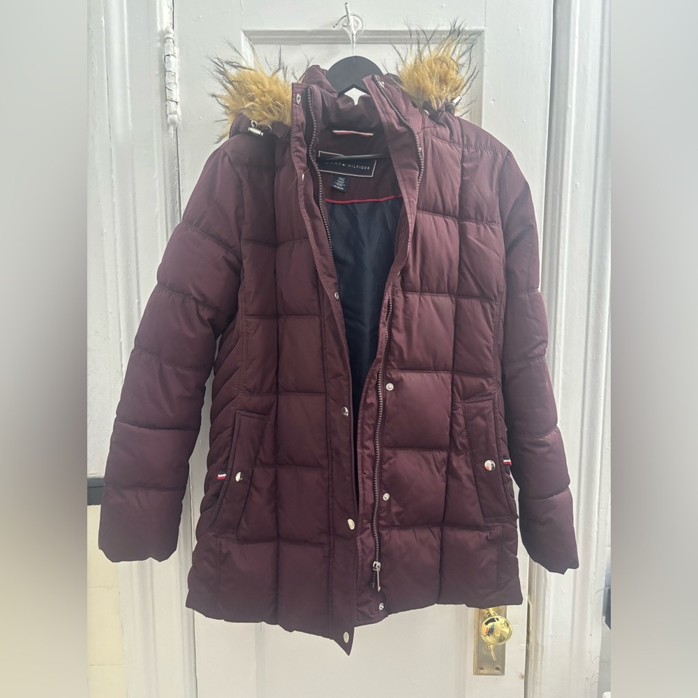Tommy Hilfiger Purple Puffer Jacket with Faux Fur Hood